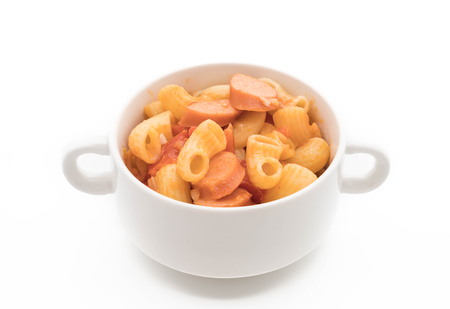 macaroni with sausage on white backgroundの写真素材