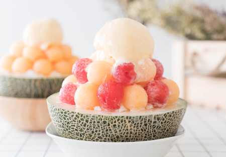 Ice melon Bingsu, famous korean ice-cream on tableの写真素材