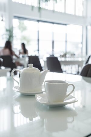 hot tea cup on the tableの写真素材