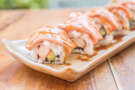 salmon burned maki with teriyaki sauce - japanese foodの写真素材