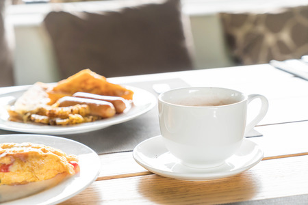 a cup of coffee on table for breakfast