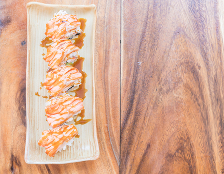 salmon burned maki with teriyaki sauce - japanese foodの写真素材