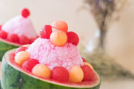 watermelon bingsu dessert on tableの写真素材