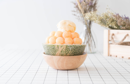 Ice melon Bingsu, famous korean ice-cream on tableの写真素材