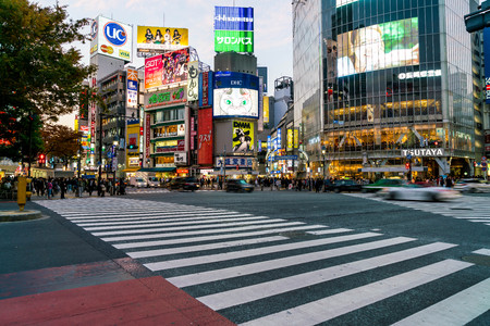 Tokyo, Japan, Nov 17, 2016: Shibuya Crossing Of City street with crowd people on zebra crosswalk in Shibuya town. Shibuya is a special ward located in Tokyo for shopping at night.のeditorial素材
