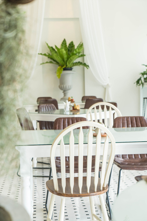empty wood chair in restaurantの写真素材