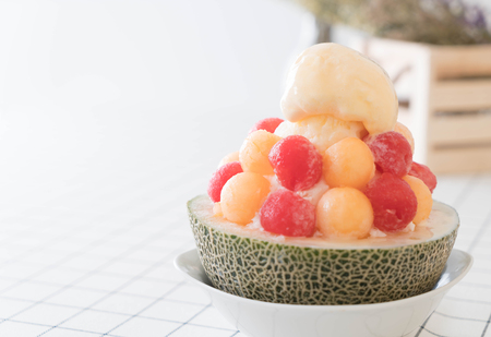 Ice melon Bingsu, famous korean ice-cream on tableの写真素材