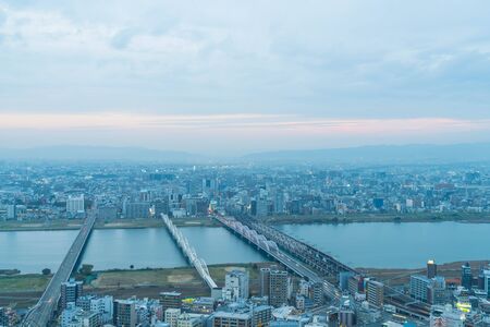 Aerial view of Osaka Japan at nightのeditorial素材