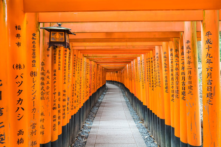 the red torii gates walkway at fushimi inari taisha shrine in Kyoto, Japanのeditorial素材