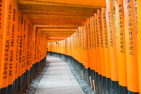 the red torii gates walkway at fushimi inari taisha shrine in Kyoto, Japanのeditorial素材