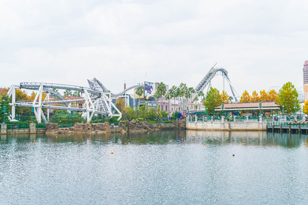 Osaka, Japan - NOV 21 2016 : Roller coaster in Universal Studios Theme Park in Osaka, Japan. The theme park has many attractions based on the film industry.のeditorial素材
