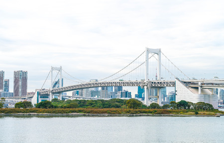 Tokyo skyline with Tokyo tower and rainbow bridge. Tokyo, Japan.のeditorial素材