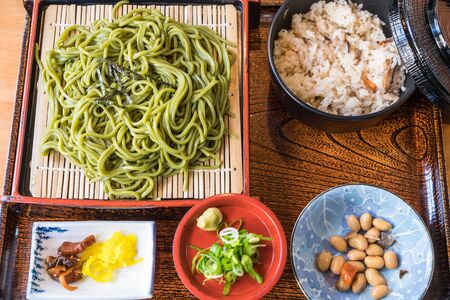 Japanese Cha Soba (Green tea Soba) in dish - Selective focus pointの写真素材