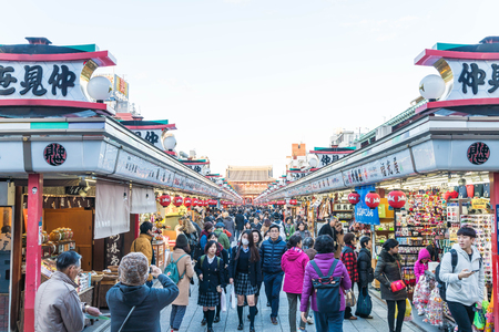 Toyko, Japan - 28 NOV 2016: Tourists walk on Nakamise Dori in Sensoji shrine. Sensoji temple at Japan.のeditorial素材