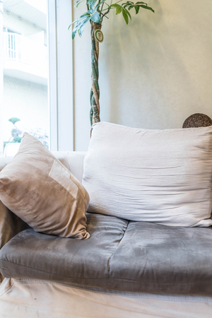 Beautiful pillow on sofa interior decoration in living roomの写真素材