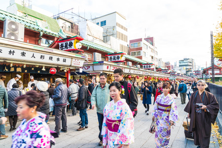 Toyko, Japan - 28 NOV 2016: Tourists walk on Nakamise Dori in Sensoji shrine. Sensoji temple at Japan.のeditorial素材
