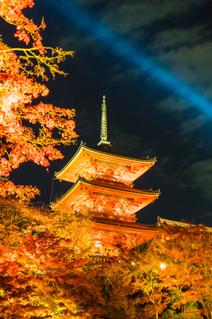 Beautiful Architecture in Kiyomizu-dera Temple Kyoto, Japan at nightの写真素材