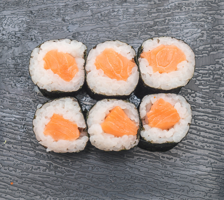 salmon maki sushi- japanese food style on white backgroundの写真素材