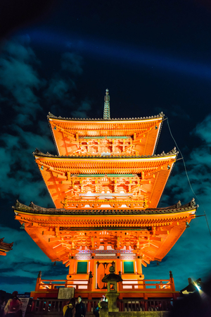 Beautiful Architecture in Kiyomizu-dera Temple Kyoto, Japan at nightのeditorial素材