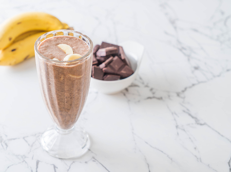 chocolate banana milkshake in glass - selective focus pointの写真素材