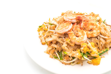 Thai Fried Noodles "Pad Thai" with shrimps or prawns on white backgroundの写真素材