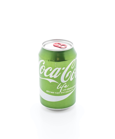 Bangkok, Thailand - April 4, 2017: Coca Cola can in the new green "Life" edition with lower amount of calories. Coca Cola is one of the worlds bestselling soft drink ever.のeditorial素材