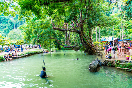 VANGVIENG,LAOS May 13, 2017 : Tourists enjoy at Blue Lagoon in vangvieng, Laos.のeditorial素材