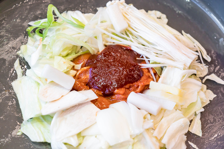 chicken with vegetables and spicy sauce on pan (dad galbi) - korean food styleの写真素材