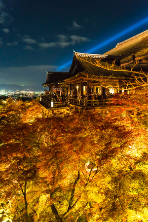 Autumn night light up at Kiyomizu-dera temple and the large veranda (Kiyomizu stage), Kyoto, Japan.のeditorial素材