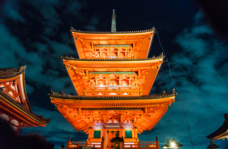 Beautiful Architecture in Kiyomizu-dera Temple Kyoto, Japan at nightのeditorial素材