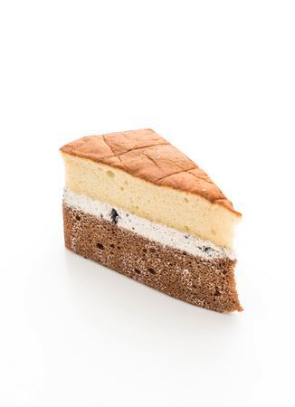 rum raisin and chocolate chiffon cake isolated on white backgroundの写真素材