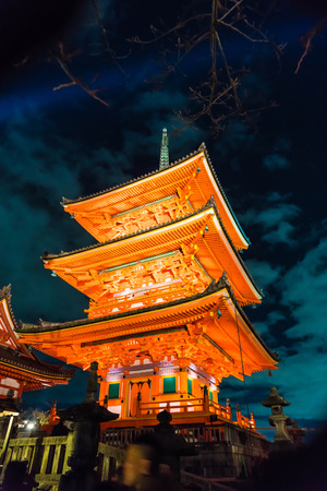 Beautiful Architecture in Kiyomizu-dera Temple Kyoto, Japan at nightのeditorial素材