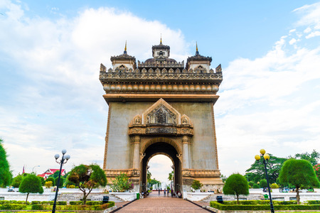 Beautiful architecture at Patuxay Monument in Vientiane, Laos.のeditorial素材