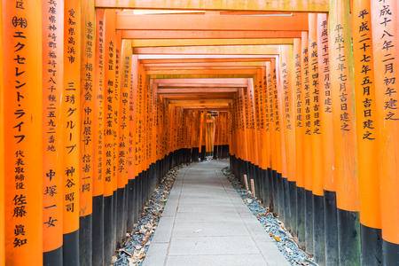 the red torii gates walkway at fushimi inari taisha shrine in Kyoto, Japanのeditorial素材