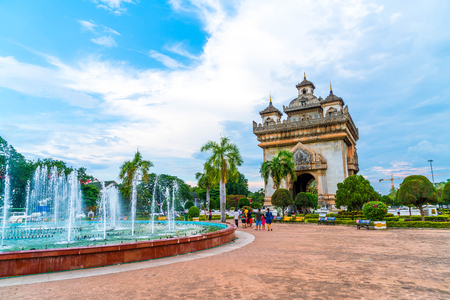 Beautiful architecture at Patuxay Monument in Vientiane, Laos.のeditorial素材