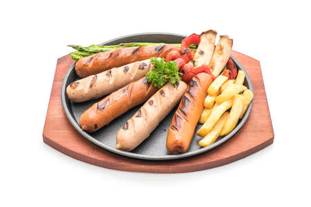 grilled sausage with vegetable isolated on white backgroundの写真素材