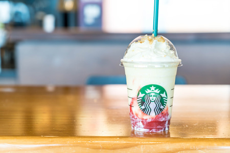 Busan, South Korea - 12 July, 2017: Glass of Starbuck Choux Cream Strawberry. Starbucks is the world's largest coffee house with over 20,000 stores in 61 countries.のeditorial素材
