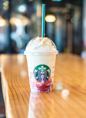Busan, South Korea - 12 July, 2017: Glass of Starbuck Choux Cream Strawberry. Starbucks is the world's largest coffee house with over 20,000 stores in 61 countries.のeditorial素材