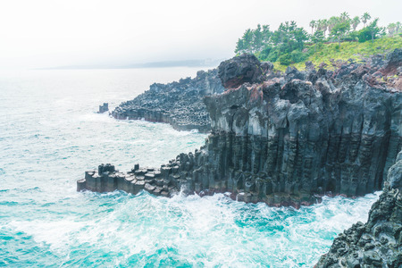 Jungmun Daepo Coast Jusangjeolli Cliff, Jeju Island, South Koreaの写真素材