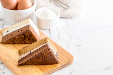 two tone chiffon cake on tableの写真素材