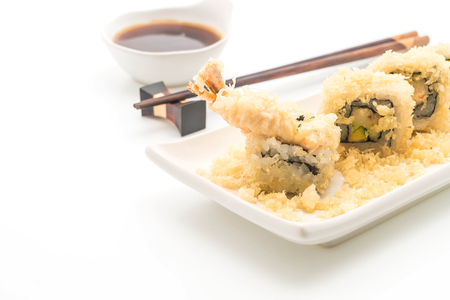 tempura shrimp sushi roll - japanese food style on white backgroundの写真素材