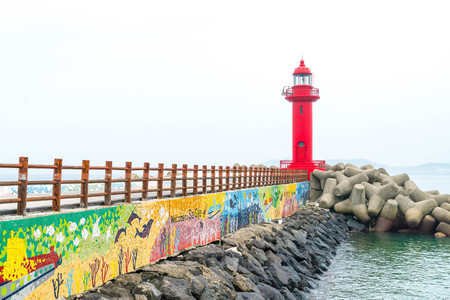 red lighthouse in Jeju Island, South Koreaのeditorial素材