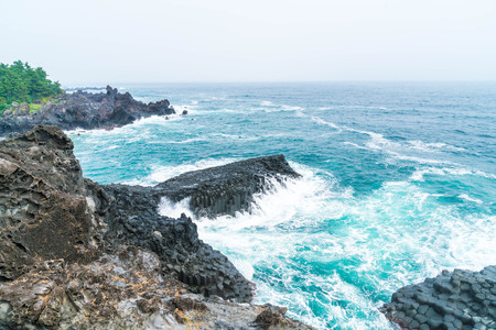 Jungmun Daepo Coast Jusangjeolli Cliff, Jeju Island, South Koreaの写真素材