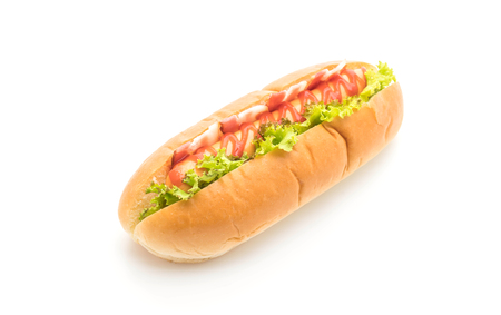 sausage hotdog with ketchup isolated on white backgroundの写真素材