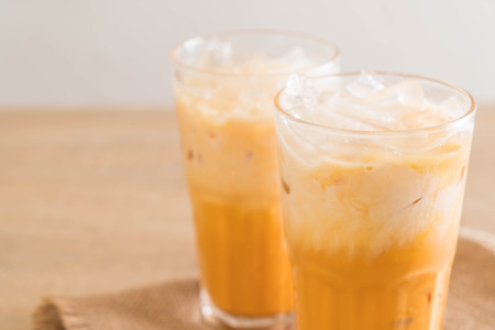 iced thai milk tea in glassの写真素材