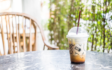 iced cappuccino coffee on tableの写真素材