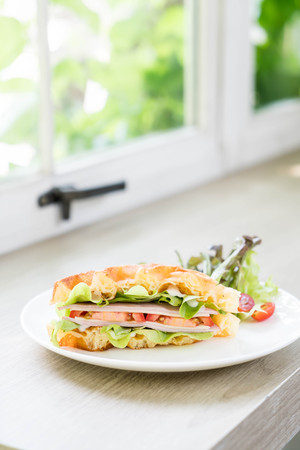 waffle ham cheese sandwich with vegetablesの写真素材