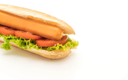 Hotdog with sausage and tomato isolated on white backgroundの写真素材