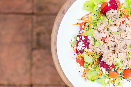 tuna with vegetables salad, sesame and spicy sauce - healthy food styleの写真素材