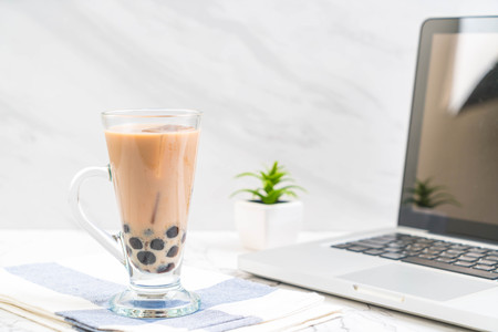 iced milk tea with bubbleの写真素材